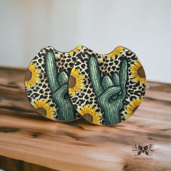 Cactus Sunflower Car Coaster Set | Car Accessories - Picture 3 of 9